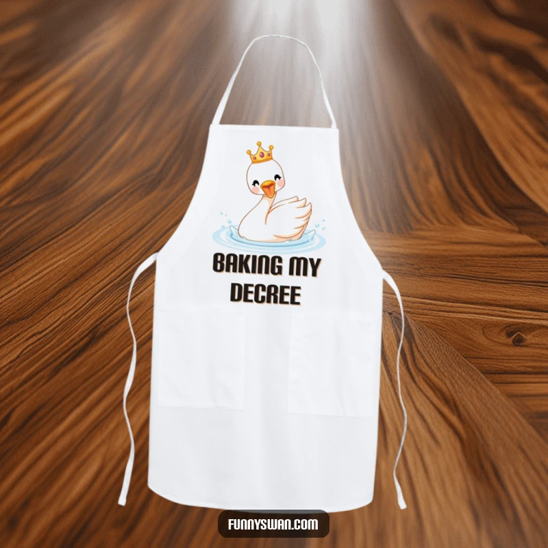 Funny royal swan apron with a tiny crown, a delighted bird splashing enthusiastically in water, kitchen humor.