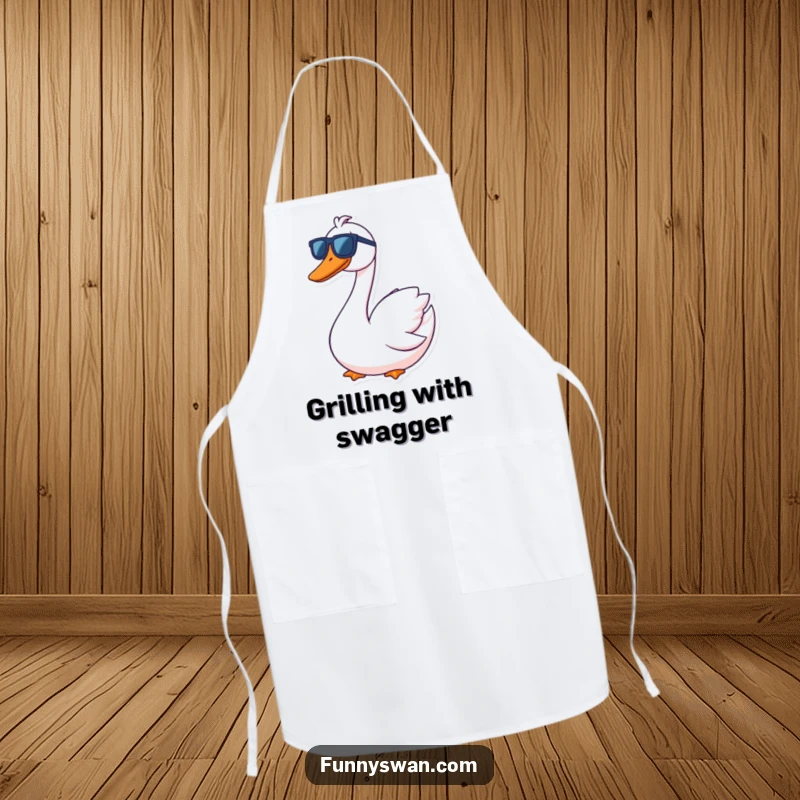Funny Swan Apron: A contented swan with a goofy grin wears oversized sunglasses, perfect for cool cooking.