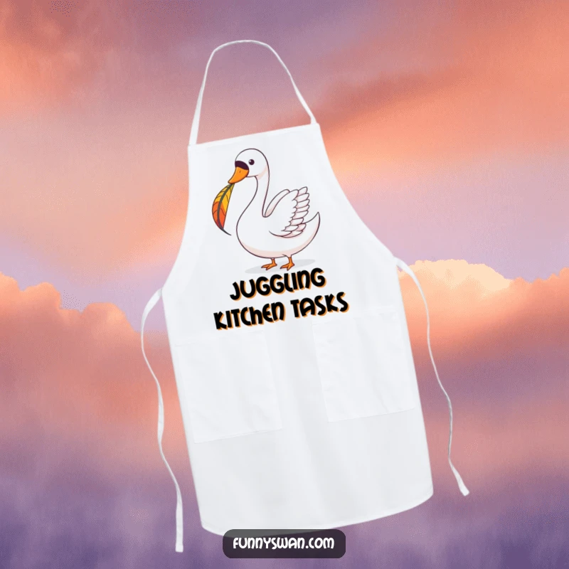 Funny Swan Apron: A joyous swan balances a colorful feather on its beak, perfect for whimsical cooking.