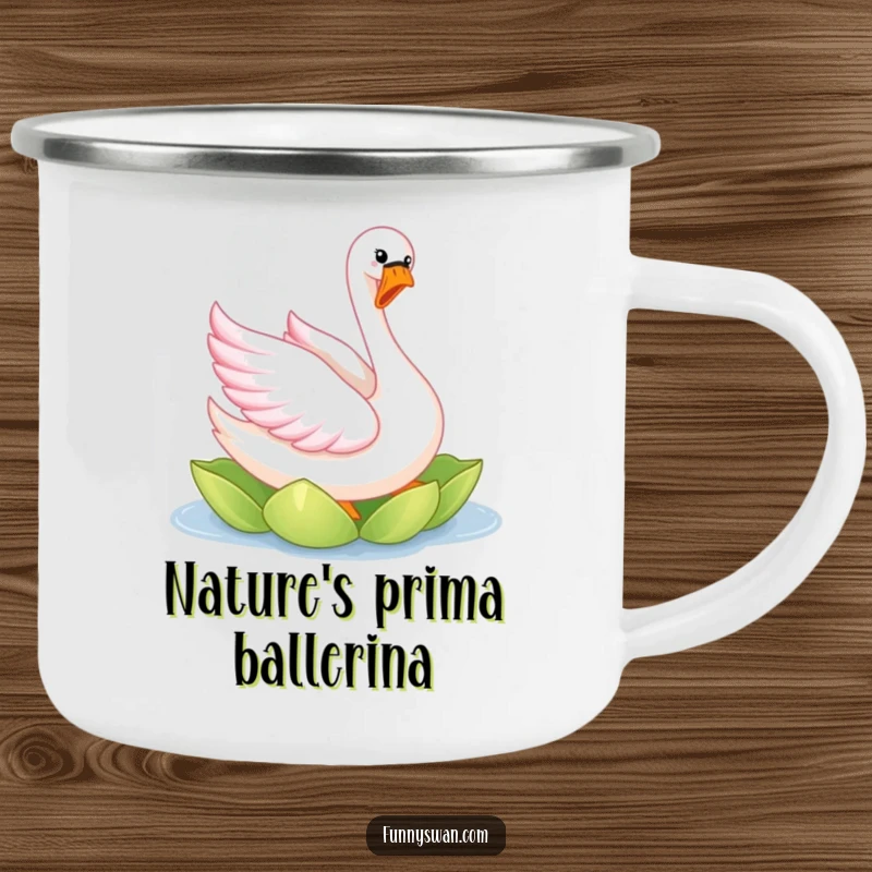 Funny pink swan camping mug with a joyful, elegantly twirling bird with bright pink feathers on a lily pad.