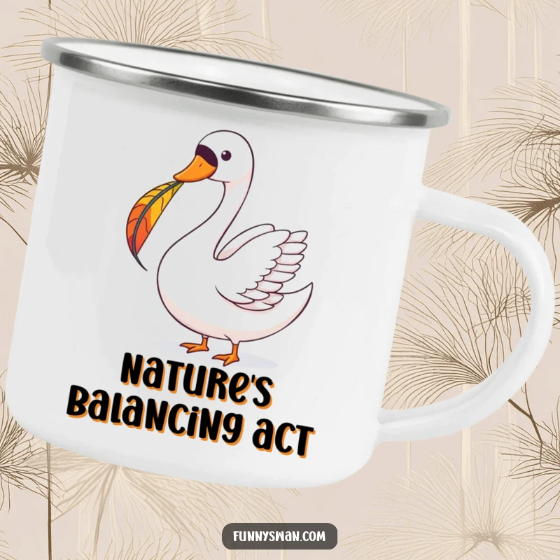 Funny Swan Camping Mug: A joyous swan balances a colorful feather on its beak, perfect for whimsical camping.