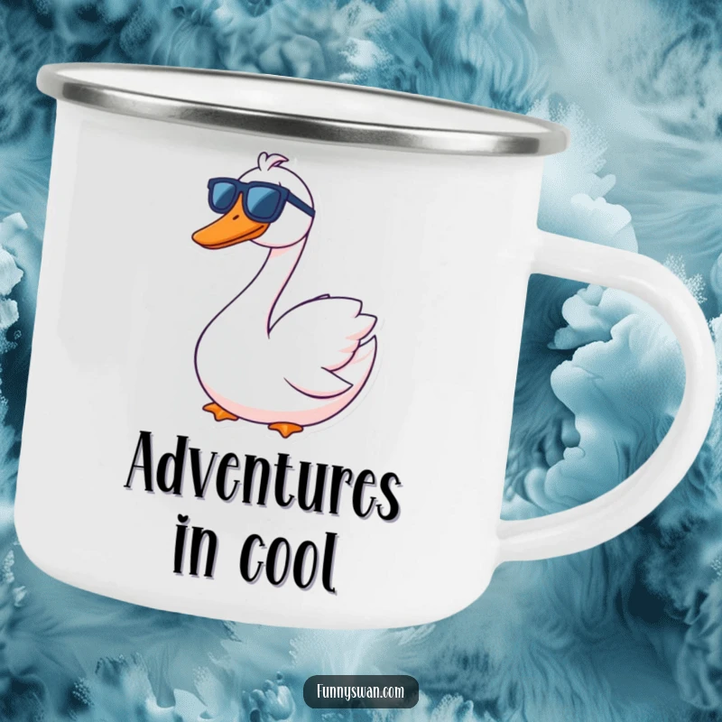 Funny Swan Camping Mug: A contented swan with a goofy grin wears oversized sunglasses, perfect for cool drinks.