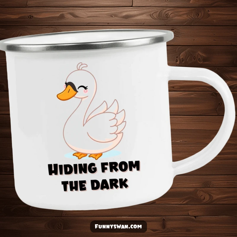 Funny Swan Camping Mug: A mischievous swan winks while playing peek-a-boo, perfect for playful outdoor drinks.