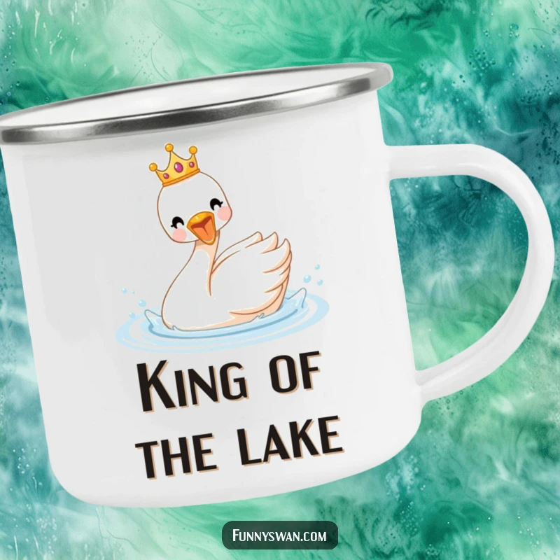 Funny royal swan camping mug with a tiny crown, a delighted bird splashing enthusiastically in water, outdoor fun.