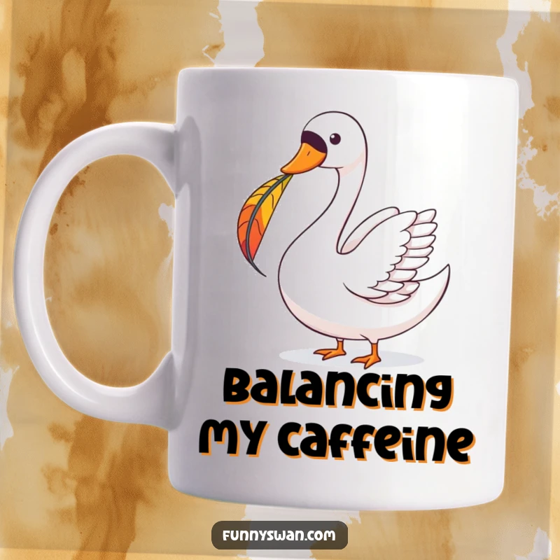Funny Swan Mug: A joyous swan demonstrates perfect balance, delicately holding a colorful feather on its beak.