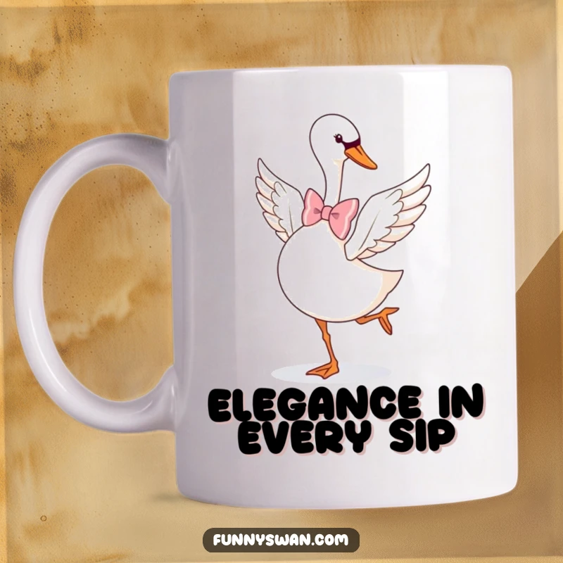 Funny Swan Mug: A graceful swan in a big bow tie does a playful pirouette, showing elegant humor.