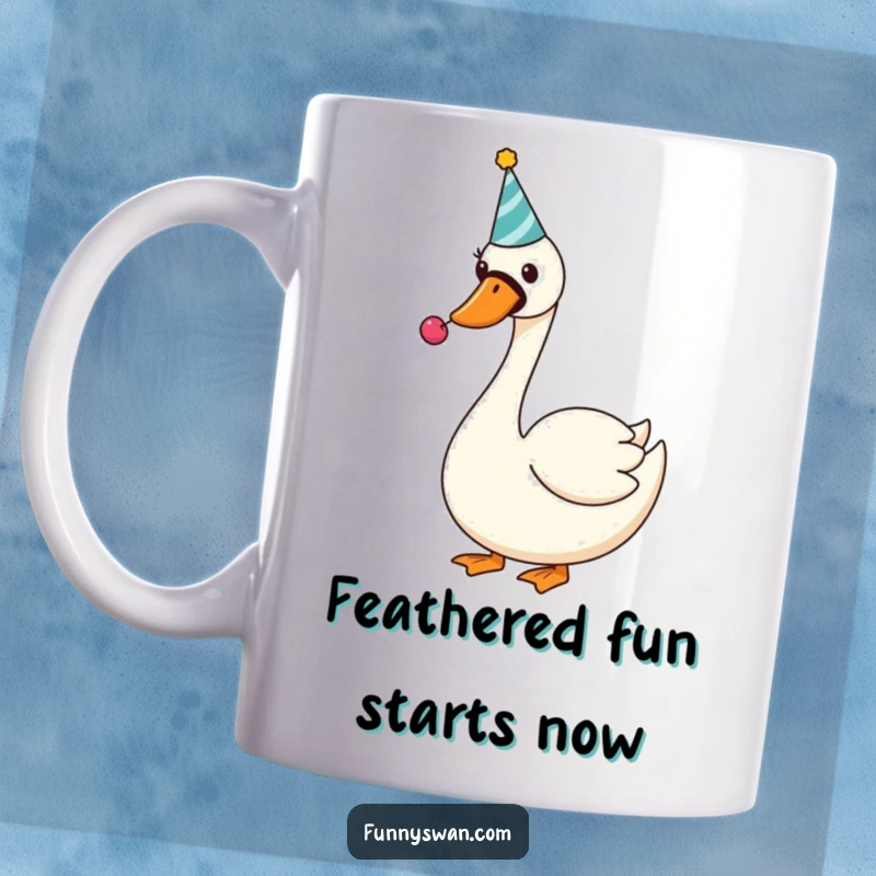 Funny Swan Mug: A silly swan with a party hat joyfully blows a noisemaker, perfect for birthday cheer.