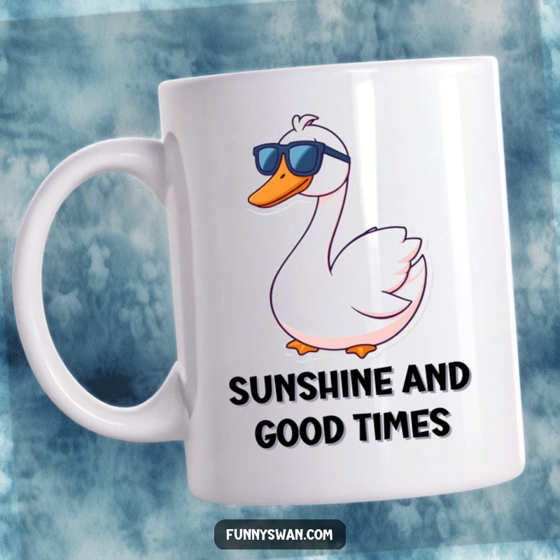 Funny Swan Mug: A contented swan with a goofy grin confidently wears oversized sunglasses, radiating cool humor.
