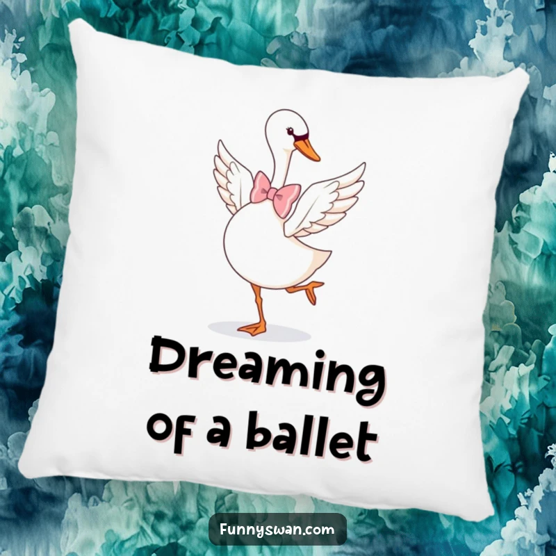 Funny Swan Pillow: An elegant swan in a bow tie performs a playful pirouette, offering soft humor.