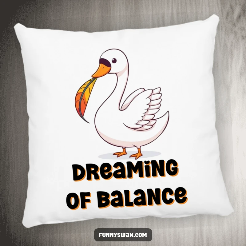 Funny Swan Pillow: A joyous swan balances a colorful feather on its beak, offering soft, whimsical comfort.