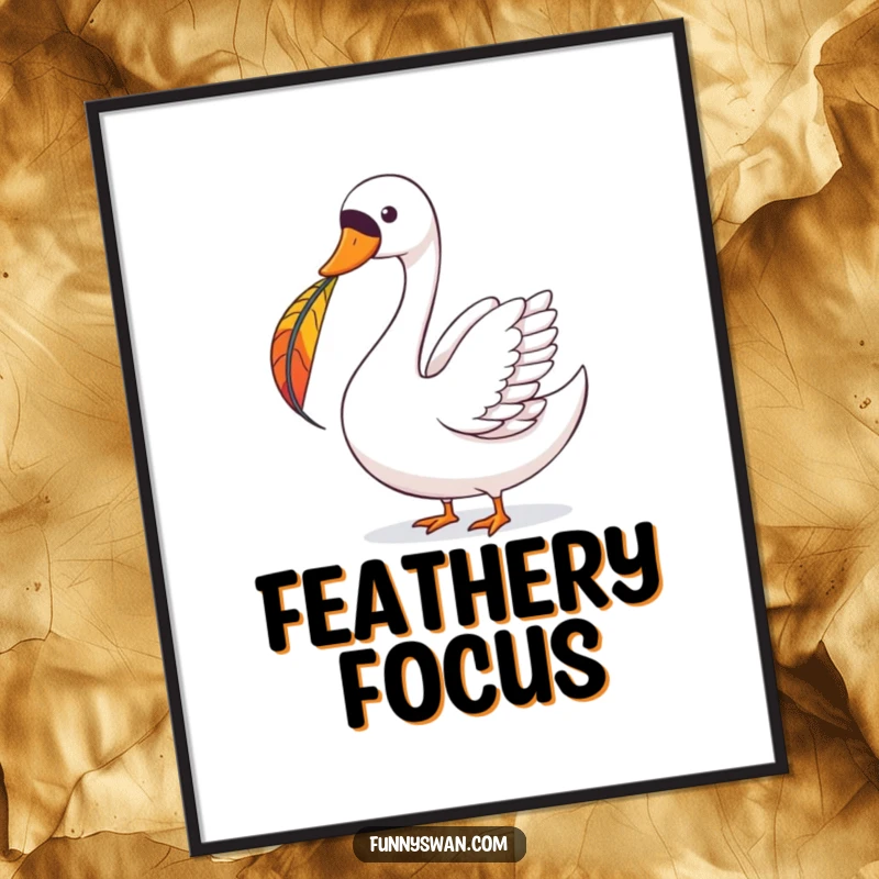 Funny Swan Digital Art: A joyous swan delicately balances a colorful feather on its beak, creating whimsical art.
