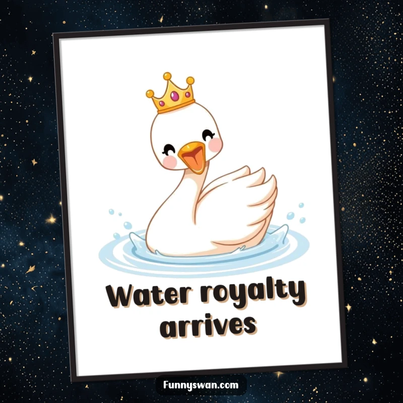 Funny royal swan digital art print with a tiny crown, a delighted bird splashing enthusiastically in water, regal art.