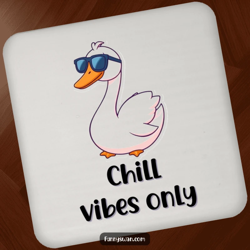 Funny Swan Coaster: A contented swan with a goofy grin wears oversized sunglasses, protecting surfaces coolly.