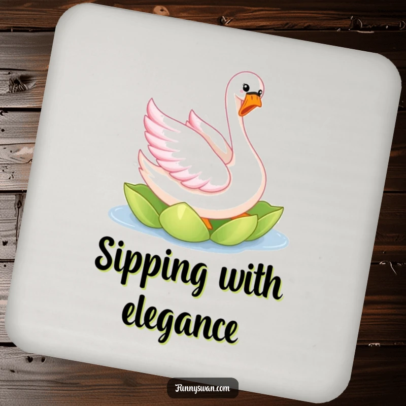 Funny pink swan coasters featuring a joyful, elegantly twirling bird with bright pink feathers on a lily pad.