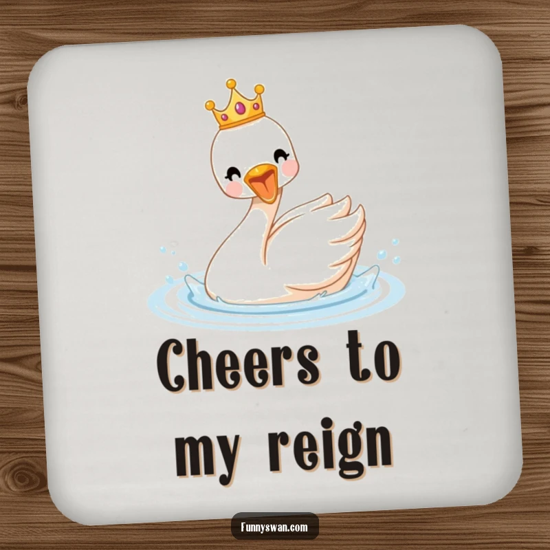 Funny royal swan coasters with a tiny crown, a delighted bird splashing enthusiastically in water, protecting surfaces.