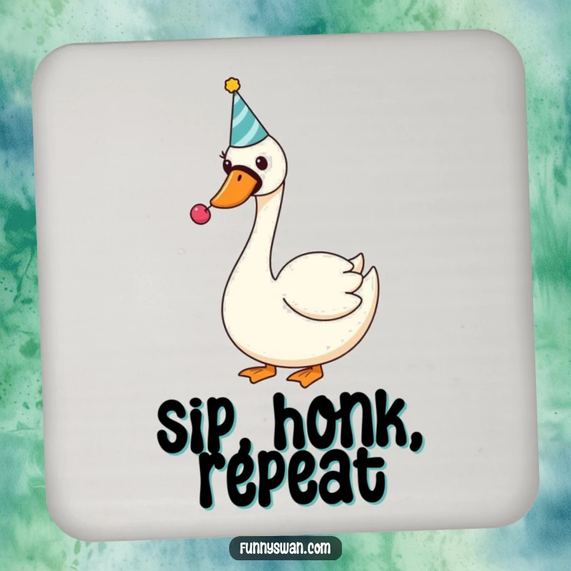 Funny Swan Coaster: A silly swan in a party hat blows a noisemaker, protecting surfaces with humor.