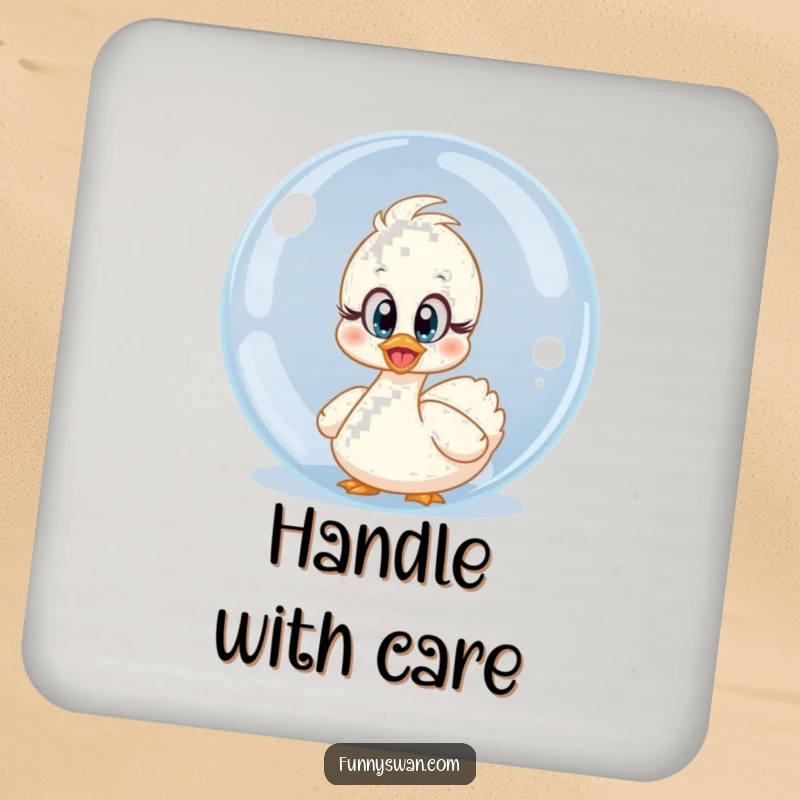 Funny surprised swan coasters showing innocent eyes peeking from behind a giant bubble, protecting surfaces with humor.