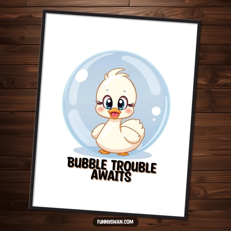 Funny surprised swan poster featuring innocent eyes peeking from behind a giant bubble, a comical and artistic depiction.