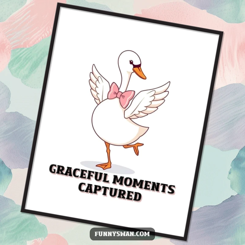 Funny Swan Poster: A graceful swan in a large bow tie executes a playful pirouette, adding artistic humor.