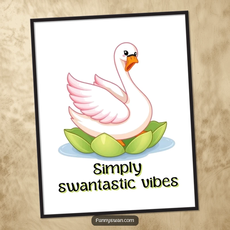 Funny pink swan poster showcasing a joyful bird with bright feathers elegantly twirling on a lily pad, vibrant art.