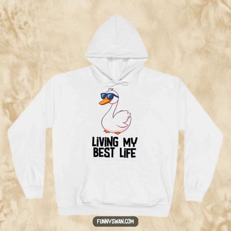 Funny Swan Hoodie: A goofy-grinning swan wears oversized sunglasses, making this a super cool and comfy item.