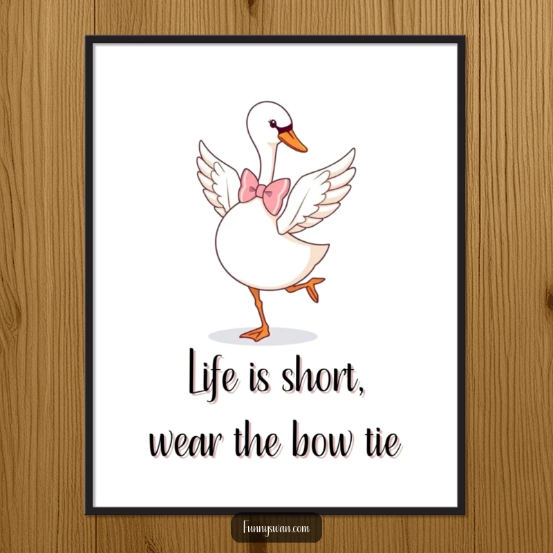Funny Free Printable Wall Art: A graceful swan wearing a large bow tie, captured mid-pirouette with playful elegance.