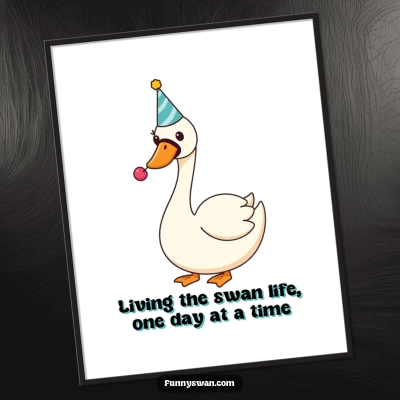Funny Free Printable Wall Art: Silly swan in a tiny party hat joyfully blows a noisemaker, creating a festive atmosphere.