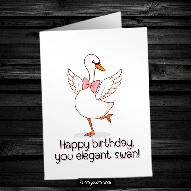 Funny Free Printable Birthday Card: A graceful swan in a large bow tie performs a playful pirouette with flair.