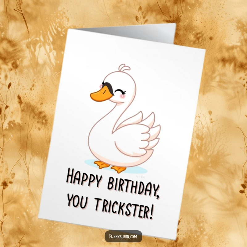 Funny Free Printable Birthday Card: A playful swan winks mischievously while playing peek-a-boo, ready to surprise.
