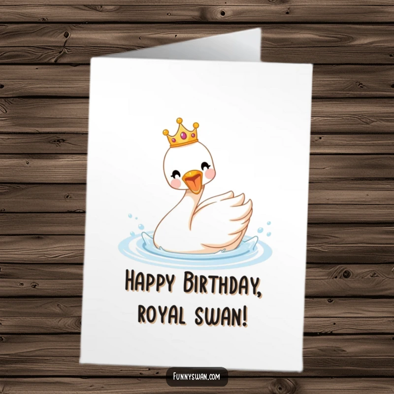 Funny free printable birthday card: A delighted swan wearing a tiny crown, splashing enthusiastically in water with joy.