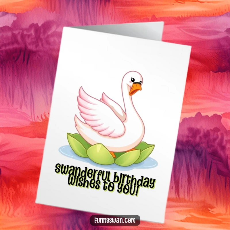 Funny free printable birthday card: A joyful pink swan twirling elegantly on a lily pad, spreading birthday cheer.
