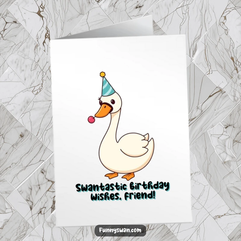Funny Free Printable Birthday Card featuring a silly swan in a party hat, happily blowing a noisemaker, ready for a fun celebration.