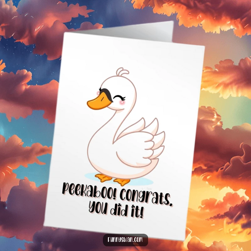 Funny Free Printable Congratulations Card: A mischievous swan winks and plays peek-a-boo, celebrating a successful achievement.