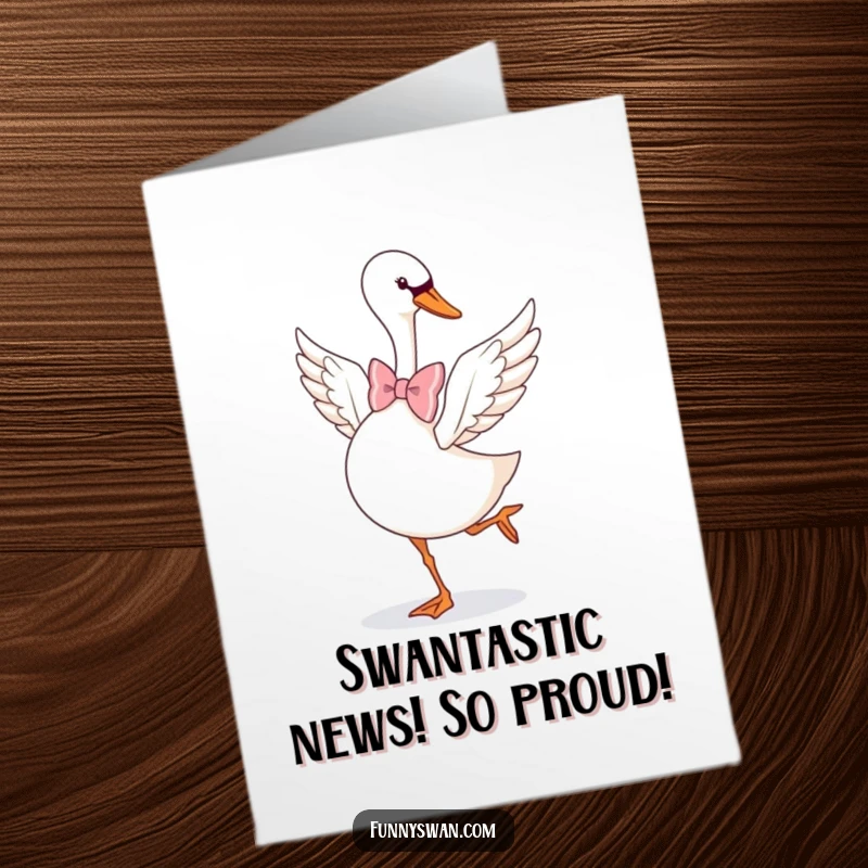 Funny Free Printable Congratulations Card: Elegant swan in an oversized bow tie executes a delightful pirouette, celebrating success.