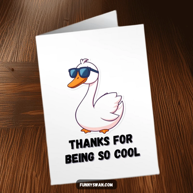 Funny Free Printable Thank You Card: A contented swan with a goofy grin wears oversized sunglasses, giving cool thanks.