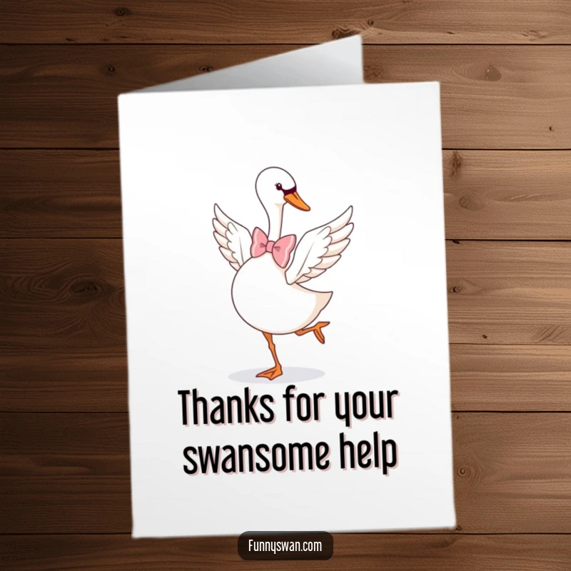Funny Free Printable Thank You Card: A graceful swan in a dapper bow tie performs a playful pirouette, conveying thanks.
