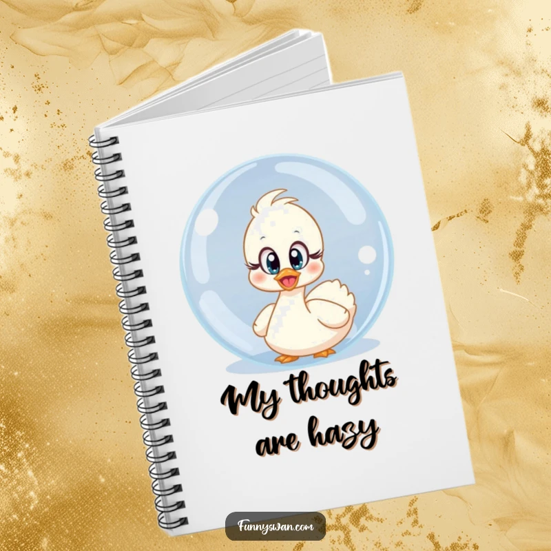 Funny surprised swan notebook cover with innocent eyes peeking from behind a giant bubble, a whimsical design.