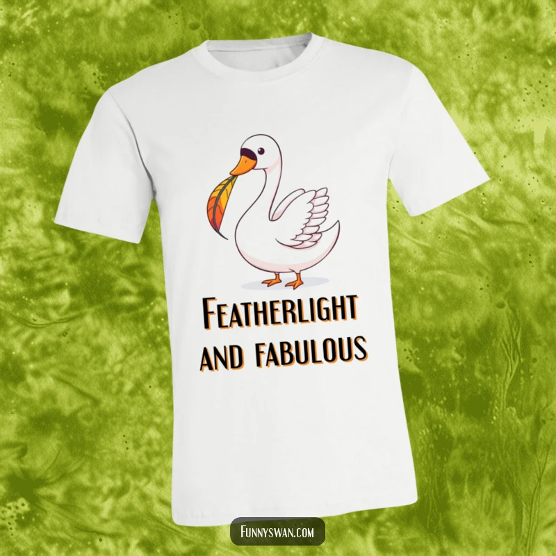 Funny Swan T-Shirt: A joyous swan balances a vibrant, colorful feather on its beak with perfect grace.