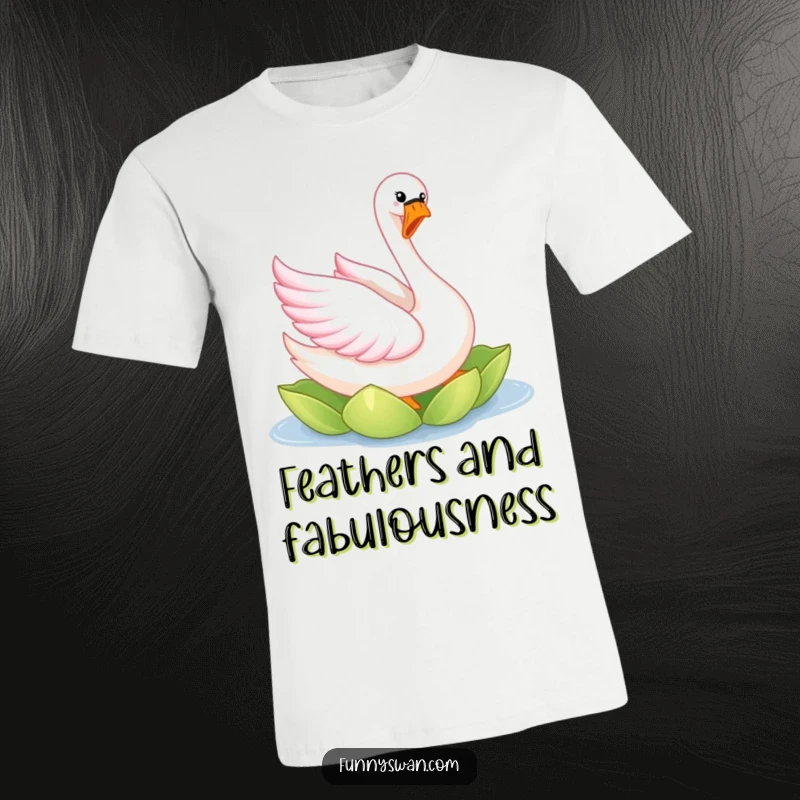 Funny pink swan t-shirt showing a joyful bird with bright feathers performing an elegant twirl on a lily pad.