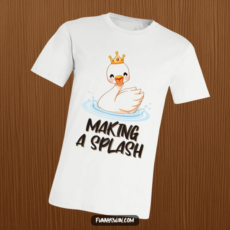 Funny royal swan t-shirt with a tiny crown, featuring a delighted bird splashing enthusiastically in water, pure joy.