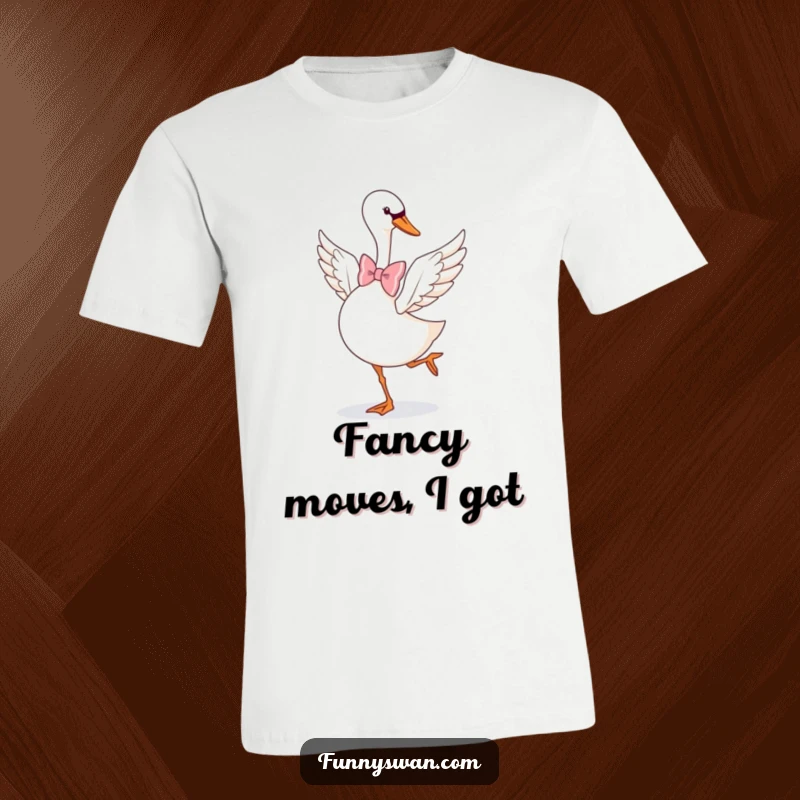 Funny Swan T-Shirt: A graceful swan wearing an oversized bow tie performs a playful pirouette with flair.