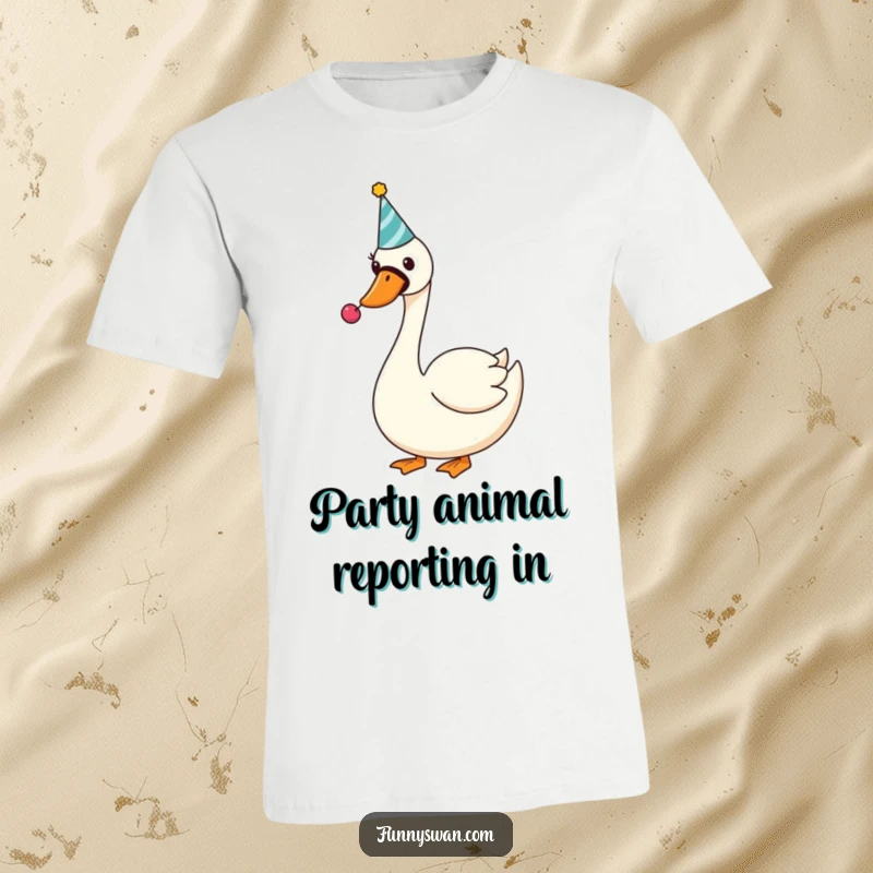Funny Swan T-Shirt: A silly swan in a party hat gleefully blows a noisemaker, perfect for celebrations.