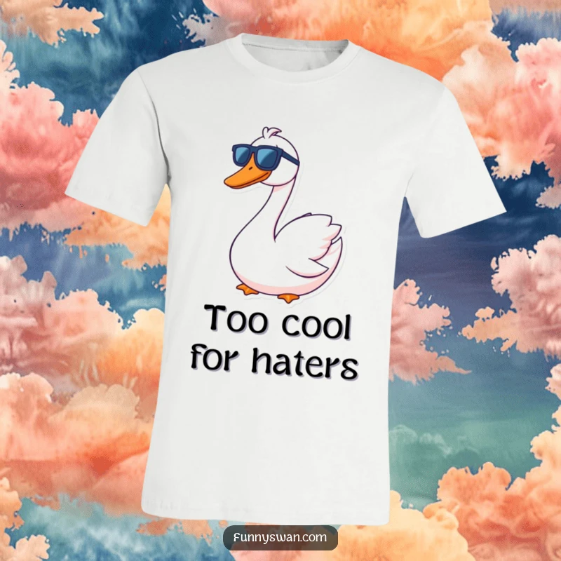 Funny Swan T-Shirt: A contented swan grins goofily while wearing large sunglasses, exuding pure cool.