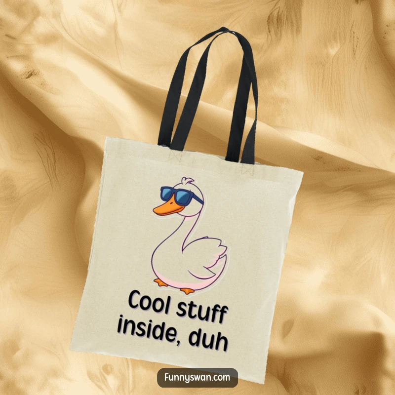 Funny Swan Tote Bag: A contented swan with a goofy grin wears oversized sunglasses, a cool and funny accessory.