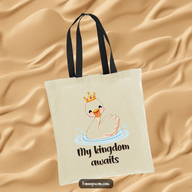 Funny royal swan tote bag with a tiny crown, featuring a delighted bird splashing enthusiastically in water, a charming accessory.