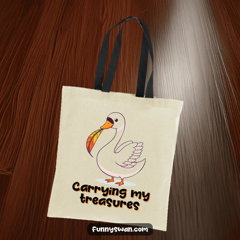 Funny Swan Tote Bag: A joyous swan balances a colorful feather on its beak, a charming and whimsical bag.